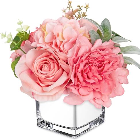 Artificial Flowers in Vase Fake Silk Hydrangea Rose Flower Arrangement Faux Potted Flowers for Indoor Home Bathroom Office Table Shelf Decor, White in Kuwait