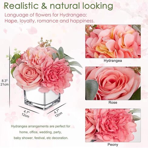 Artificial Flowers in Vase Fake Silk Hydrangea Rose Flower Arrangement Faux Potted Flowers for Indoor Home Bathroom Office Table Shelf Decor, White in Kuwait