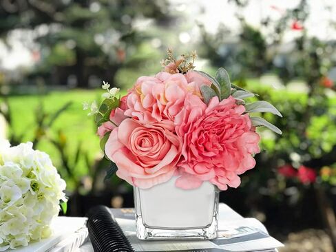 Artificial Flowers in Vase Fake Silk Hydrangea Rose Flower Arrangement Faux Potted Flowers for Indoor Home Bathroom Office Table Shelf Decor, White in Kuwait