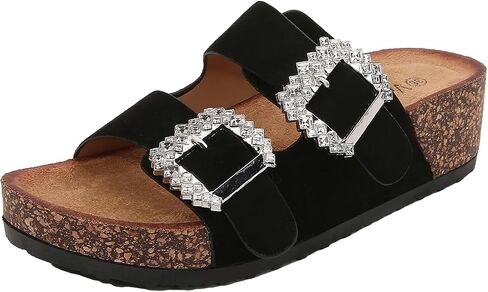 Women's Platform Slide Sandals, Double Strap with Crystal Buckless, Lightweight Slip on Slides in Kuwait