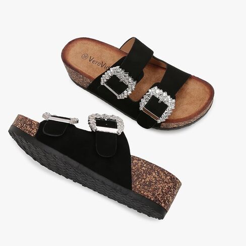 Women's Platform Slide Sandals, Double Strap with Crystal Buckless, Lightweight Slip on Slides in Kuwait