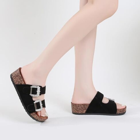 Women's Platform Slide Sandals, Double Strap with Crystal Buckless, Lightweight Slip on Slides in Kuwait