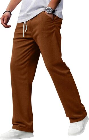 Mens Corduroy Pants Slim Fit Baggy Big and Tall Straight Leg Casual Sweatpants Relaxed Fit Elastic Waist Drawstring Trousers in Kuwait
