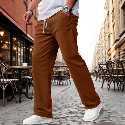 Mens Corduroy Pants Slim Fit Baggy Big and Tall Straight Leg Casual Sweatpants Relaxed Fit Elastic Waist Drawstring Trousers in Kuwait