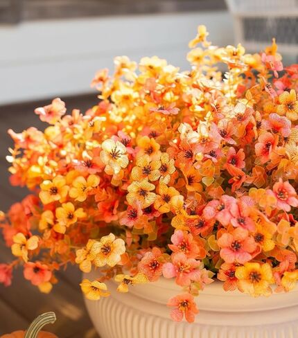 Fall Flowers Artificial Mums for Outdoors, 20 Bundles UV Resistant Silk Fake Daisy with Eucalyptus Leaves No Fade Greenery for Porch Patio Garden Front Door Fall Decoration(Orange and Yellow) in Kuwait