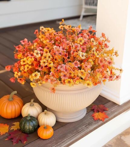Fall Flowers Artificial Mums for Outdoors, 20 Bundles UV Resistant Silk Fake Daisy with Eucalyptus Leaves No Fade Greenery for Porch Patio Garden Front Door Fall Decoration(Orange and Yellow) in Kuwait