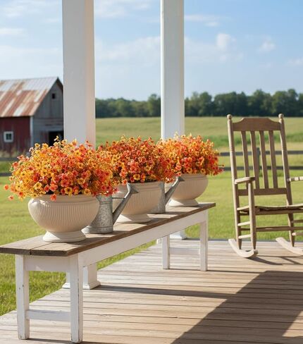 Fall Flowers Artificial Mums for Outdoors, 20 Bundles UV Resistant Silk Fake Daisy with Eucalyptus Leaves No Fade Greenery for Porch Patio Garden Front Door Fall Decoration(Orange and Yellow) in Kuwait