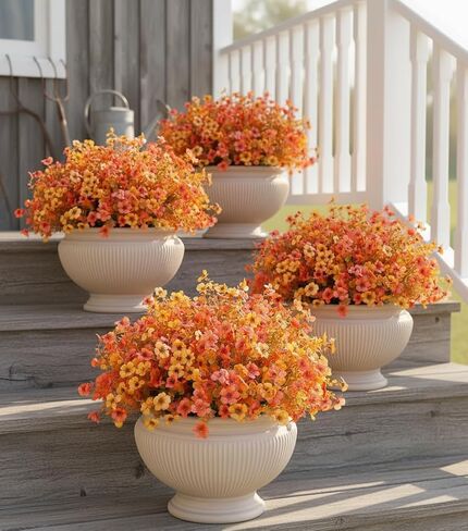 Fall Flowers Artificial Mums for Outdoors, 20 Bundles UV Resistant Silk Fake Daisy with Eucalyptus Leaves No Fade Greenery for Porch Patio Garden Front Door Fall Decoration(Orange and Yellow) in Kuwait
