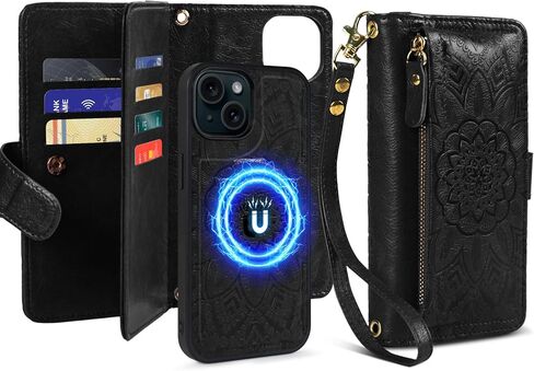 Harryshell for iPhone 15 / iPhone 14 / iPhone 13 Detachable Magnetic Case Wallet,Compatible with Magsafe Wireless Charging, [Theft-Scan Blocking] Card Slots, Cash Zipper Strap (Floral Blue Green) in Kuwait