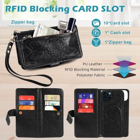 Harryshell for iPhone 15 / iPhone 14 / iPhone 13 Detachable Magnetic Case Wallet,Compatible with Magsafe Wireless Charging, [Theft-Scan Blocking] Card Slots, Cash Zipper Strap (Floral Blue Green) in Kuwait