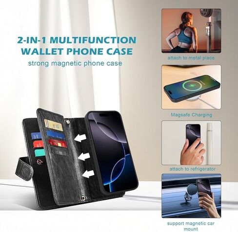 Harryshell for iPhone 15 / iPhone 14 / iPhone 13 Detachable Magnetic Case Wallet,Compatible with Magsafe Wireless Charging, [Theft-Scan Blocking] Card Slots, Cash Zipper Strap (Floral Blue Green) in Kuwait