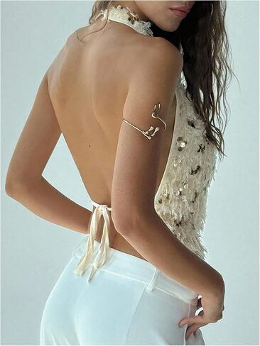 MakeMeChic Women's Fuzzy Sequin Halter Top Deep V Neck Sleeveless Tie Open Back Y2K Outfits in Saudi Arabia