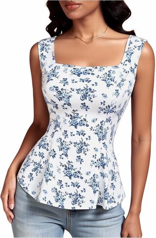 Women's Boho Floral Peplum Tops Summer Lace Up Square Neck Blouse Beach Vacation Clothes in Saudi Arabia