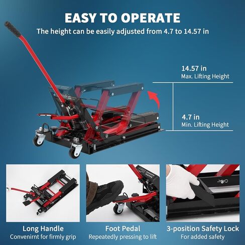 Hydraulic Motorcycle Lift Jack 1500Lb Capacity ATV Scissor Jack with 4.7-14.57in Height Adjustment, Non-Slip Platform & 360° Swivel Casters, Garage Lift for Dirkbikes, Utvs, Red in Saudi Arabia