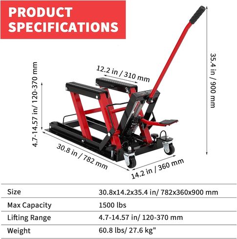 Hydraulic Motorcycle Lift Jack 1500Lb Capacity ATV Scissor Jack with 4.7-14.57in Height Adjustment, Non-Slip Platform & 360° Swivel Casters, Garage Lift for Dirkbikes, Utvs, Red in Saudi Arabia