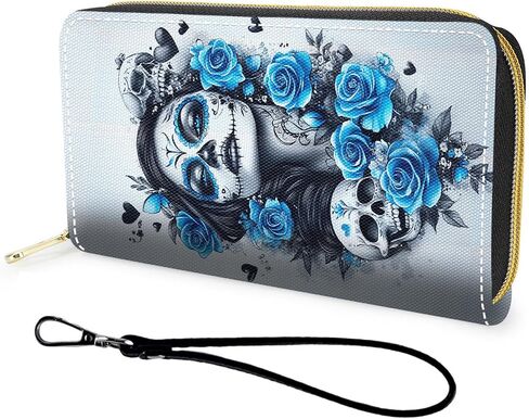 Wallet,Large Capacity RFID Blocking Leather Wallet, Durable Smooth Zipper Clutch,Unisex Travel Wallet for Cards,Cash,and Coins,Day of the Dead Sugar Skull Women in Saudi Arabia