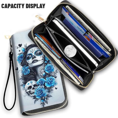 Wallet,Large Capacity RFID Blocking Leather Wallet, Durable Smooth Zipper Clutch,Unisex Travel Wallet for Cards,Cash,and Coins,Day of the Dead Sugar Skull Women in Saudi Arabia
