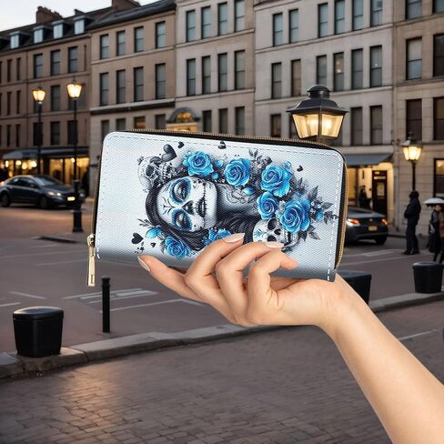 Wallet,Large Capacity RFID Blocking Leather Wallet, Durable Smooth Zipper Clutch,Unisex Travel Wallet for Cards,Cash,and Coins,Day of the Dead Sugar Skull Women in Saudi Arabia