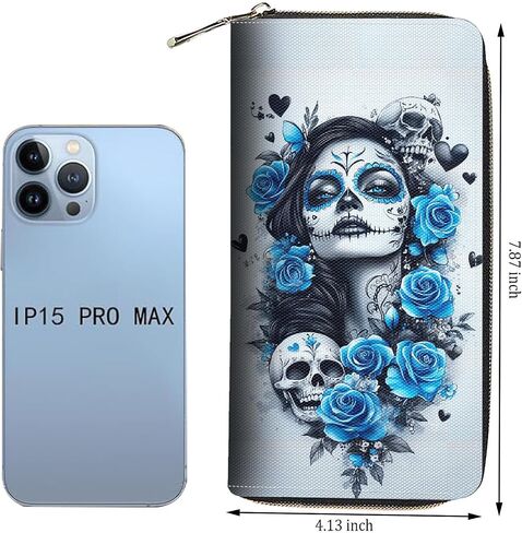 Wallet,Large Capacity RFID Blocking Leather Wallet, Durable Smooth Zipper Clutch,Unisex Travel Wallet for Cards,Cash,and Coins,Day of the Dead Sugar Skull Women in Saudi Arabia