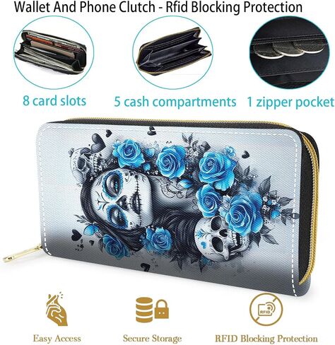 Wallet,Large Capacity RFID Blocking Leather Wallet, Durable Smooth Zipper Clutch,Unisex Travel Wallet for Cards,Cash,and Coins,Day of the Dead Sugar Skull Women in Saudi Arabia