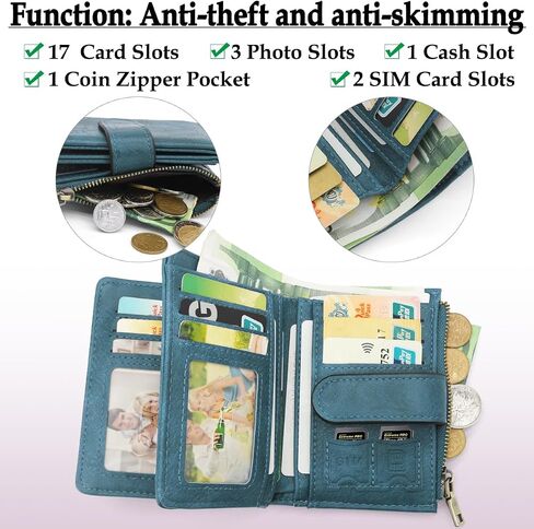 RFID Blocking Wallet for Women Vegan Leather Tri-Fold with Zipper Coin Pocket 12 Card Slots Anti-Theft Clasp Waterproof Slim Design 17 Pockets Holds Cards Cash SIM (Brown) in Saudi Arabia