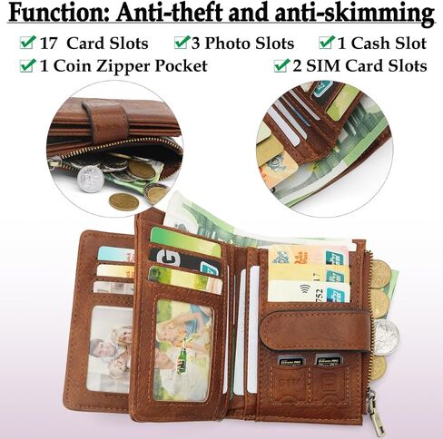 RFID Blocking Wallet for Women Vegan Leather Tri-Fold with Zipper Coin Pocket 12 Card Slots Anti-Theft Clasp Waterproof Slim Design 17 Pockets Holds Cards Cash SIM (Brown) in Saudi Arabia
