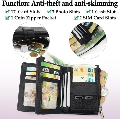 RFID Blocking Wallet for Women Vegan Leather Tri-Fold with Zipper Coin Pocket 12 Card Slots Anti-Theft Clasp Waterproof Slim Design 17 Pockets Holds Cards Cash SIM (Brown) in Saudi Arabia