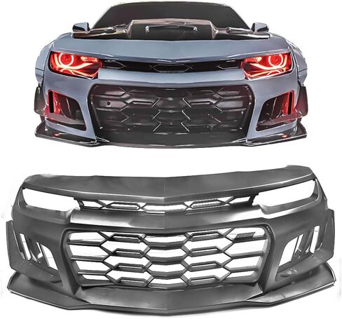المصد الأمامي من IKON MOTORSPORTS متوافق مع 2014-2015 Chevy Camaro، غطاء مصد من البولي بروبيلين باللون الأسود طراز 1LE مع شبكة + شفة سفلية + غطاء Foglight in Saudi Arabia