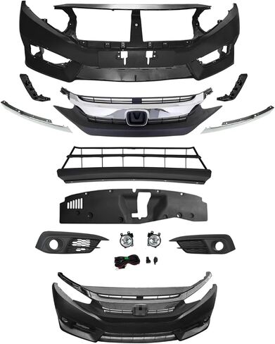 يتوافق غطاء المصد الأمامي الكامل ومجموعة الشبكة مع سيارة Honda Civic LX/EX/EX-T 2016-2018 | تصميم على طراز OEM مع مصابيح ضباب | انسحب مباشرة إلى | مركب ABS+PP مقاوم للأشعة فوق البنفسجية in Kuwait