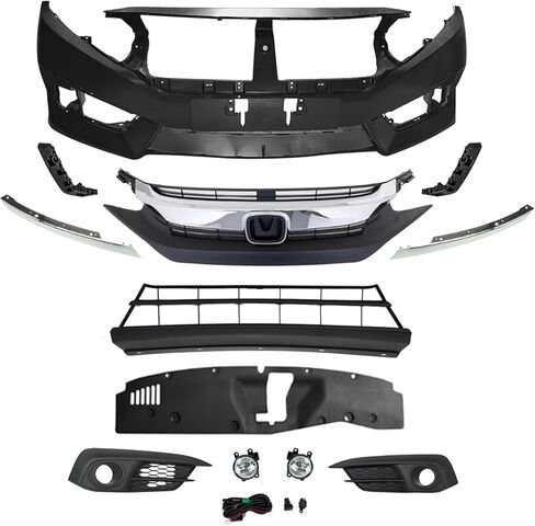 يتوافق غطاء المصد الأمامي الكامل ومجموعة الشبكة مع سيارة Honda Civic LX/EX/EX-T 2016-2018 | تصميم على طراز OEM مع مصابيح ضباب | انسحب مباشرة إلى | مركب ABS+PP مقاوم للأشعة فوق البنفسجية in Kuwait