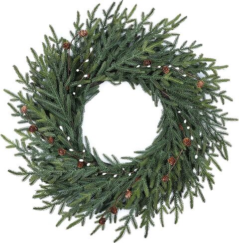 Artgar 26 Inch Pine Wreath - Christmas Wreaths for Front Door - Real Touch Pine Wreath - Large Artificial Green Pine Wreaths for Walls Windows Porches Farmhouse Indoor Outdoor Home Decor (White-Green) in Kuwait