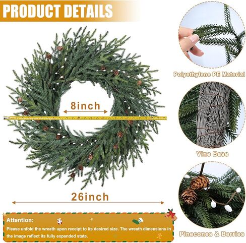 Artgar 26 Inch Pine Wreath - Christmas Wreaths for Front Door - Real Touch Pine Wreath - Large Artificial Green Pine Wreaths for Walls Windows Porches Farmhouse Indoor Outdoor Home Decor (White-Green) in Kuwait