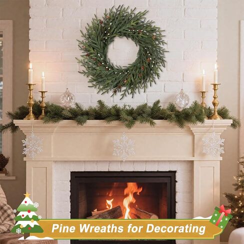 Artgar 26 Inch Pine Wreath - Christmas Wreaths for Front Door - Real Touch Pine Wreath - Large Artificial Green Pine Wreaths for Walls Windows Porches Farmhouse Indoor Outdoor Home Decor (White-Green) in Kuwait