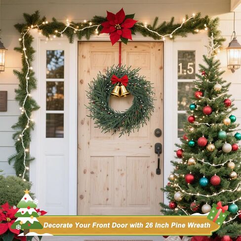 Artgar 26 Inch Pine Wreath - Christmas Wreaths for Front Door - Real Touch Pine Wreath - Large Artificial Green Pine Wreaths for Walls Windows Porches Farmhouse Indoor Outdoor Home Decor (White-Green) in Kuwait