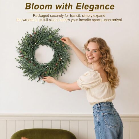 Artgar 26 Inch Pine Wreath - Christmas Wreaths for Front Door - Real Touch Pine Wreath - Large Artificial Green Pine Wreaths for Walls Windows Porches Farmhouse Indoor Outdoor Home Decor (White-Green) in Kuwait