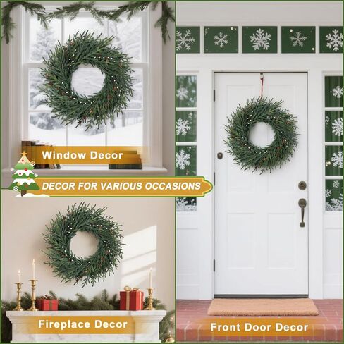 Artgar 26 Inch Pine Wreath - Christmas Wreaths for Front Door - Real Touch Pine Wreath - Large Artificial Green Pine Wreaths for Walls Windows Porches Farmhouse Indoor Outdoor Home Decor (White-Green) in Kuwait