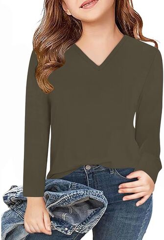 Girls Long Sleeve Shirts V Neck Cute Tops Tween Casual Fall Blouse Trendy Kids Fashion Youth Teen Girl Clothes in Saudi Arabia