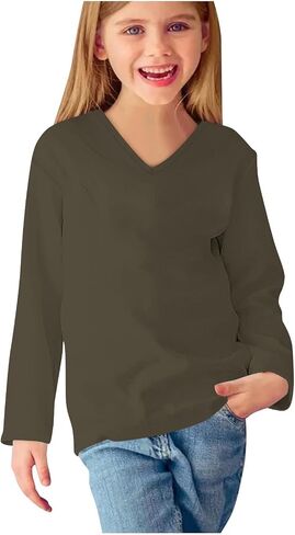 Girls Long Sleeve Shirts V Neck Cute Tops Tween Casual Fall Blouse Trendy Kids Fashion Youth Teen Girl Clothes in Saudi Arabia