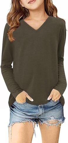 Girls Long Sleeve Shirts V Neck Cute Tops Tween Casual Fall Blouse Trendy Kids Fashion Youth Teen Girl Clothes in Saudi Arabia