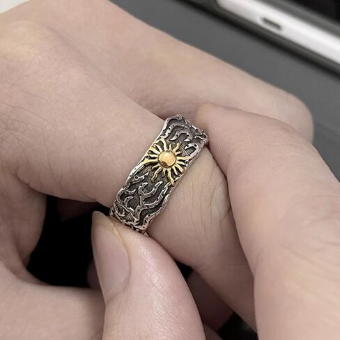 Sun Ring for Men, Silver Plated Brass Adjustable Open Rings for Men Women Gothic Hip Hop Style, Western Vintage Jewelry (Sun) in Saudi Arabia
