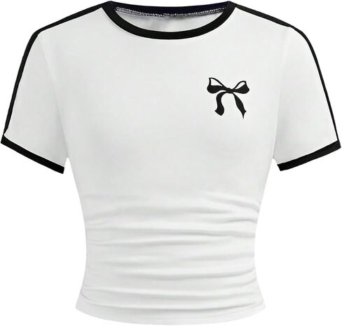 SOLY HUX Girl's Bow T Shirt Short Sleeve Crew Neck Graphic Tees Slim Crop Top Y2k Clothes Streetwear in Saudi Arabia