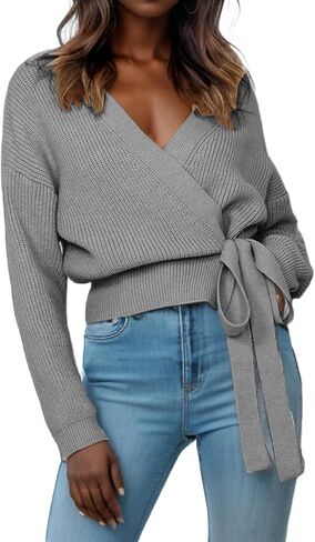 Womens Fall Sweaters 2026 Womens Casual V Neck Wrap Sweater Pullovers Lightweight Ribbed Drop Shoulder Knitted Warm Cozy Tops in Saudi Arabia