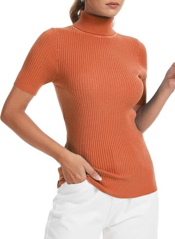 Women's Fall Short Sleeve Sweater Turtleneck Pullover Tops Winter Basic Ribbed Knit Slim Fitted Casual Shirts in Saudi Arabia