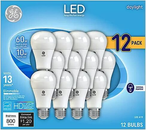 GE 60W 60 Watt استبدال ضوء النهار LED 12 حزمة، عكس الضوء، 800 لومن، A19 in Saudi Arabia