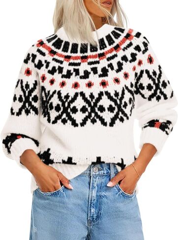 Saodimallsu Womens Fair Isle Sweater Vintage Crew Neck Long Sleeve Chunky Knit Fall Winter Pullover Sweaters Tops in Saudi Arabia