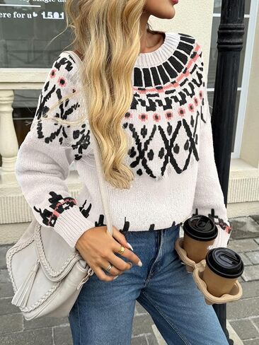 Saodimallsu Womens Fair Isle Sweater Vintage Crew Neck Long Sleeve Chunky Knit Fall Winter Pullover Sweaters Tops in Saudi Arabia
