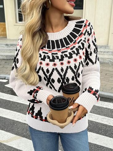 Saodimallsu Womens Fair Isle Sweater Vintage Crew Neck Long Sleeve Chunky Knit Fall Winter Pullover Sweaters Tops in Saudi Arabia