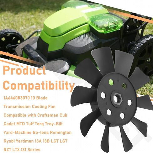 1A646083070 مروحة تبريد ناقل الحركة ذات 10 شفرات متوافقة مع Craftsman Cub Cadet MTD Tuff Torq Troy-Bilt Yard-Machine Bo-Lens Remington Ryobi Yardman 13A 13B LGT LGT RZT LTX 131 Series in Kuwait