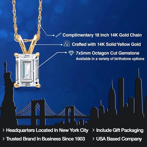 Gem Stone King Gemstone Birthstone Pendant Necklace in 14K Yellow Gold | Emerald Cut 7X5MM | Gold Necklace for Women | With 18 Inch Chain | Fine Jewelry Gifts for Her Mom Women Wife in Saudi Arabia