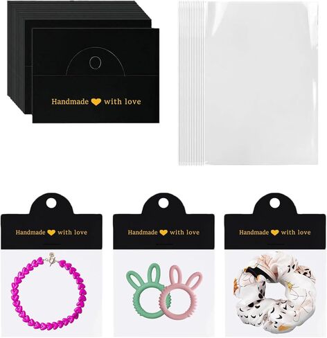 ALLWSLucky 100Pcs Jewelry Packaging for Small Business, Handmade with Love Jewelry Display Cards with Clear Bags for Selling, Small Craft Packaging Set for Bracelets, Key Chains, Earring (Kraft) in Kuwait